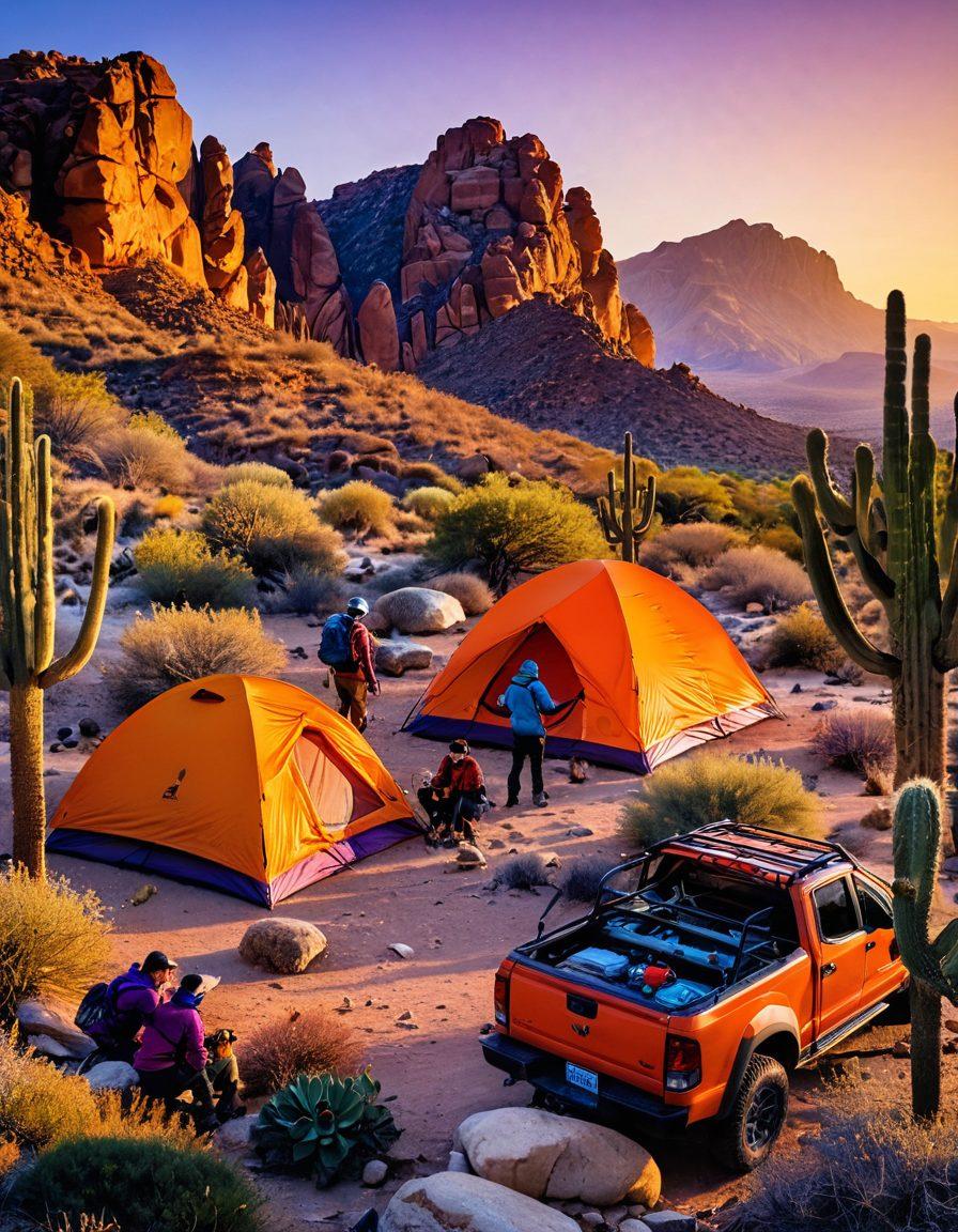A stunning desert landscape at sunset featuring a rugged 4x4 vehicle equipped with essential adventure gear such as camping supplies, navigation tools, and hiking equipment. In the foreground, a group of enthusiastic adventurers in sturdy outfits are setting up a tent, surrounded by cacti and rocky terrain. The sky is painted with vibrant oranges and purples, reflecting the thrill of adventure. super-realistic. vibrant colors. panoramic view.