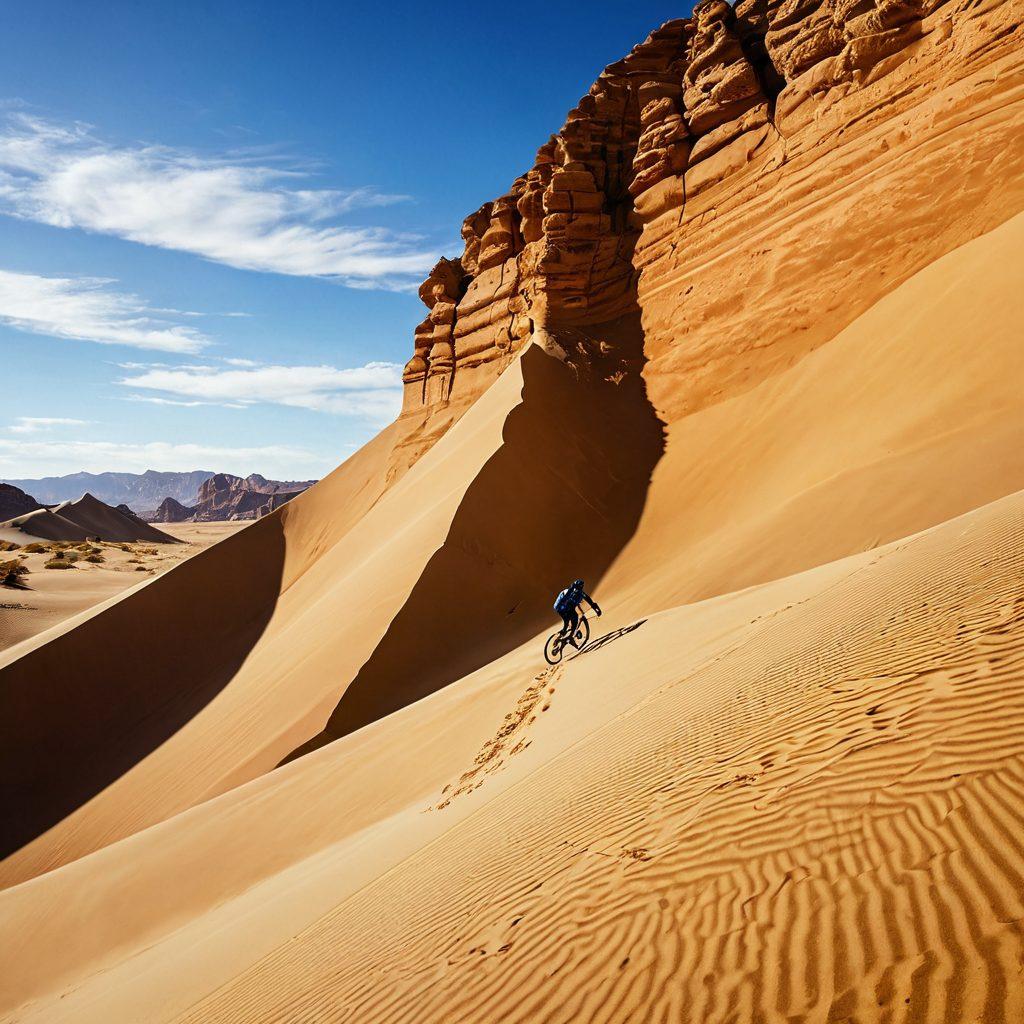A dynamic scene capturing an adventurous individual scaling a rugged sand dune under a bright blue sky, with a backdrop of sweeping desert landscapes and dramatic rock formations. Include elements of excitement, such as a windsurfer gliding over the dunes and a group of cyclists trekking through the arid terrain. The colors should be warm and inviting, showcasing the golden sands and vivid sky. super-realistic. vibrant colors.