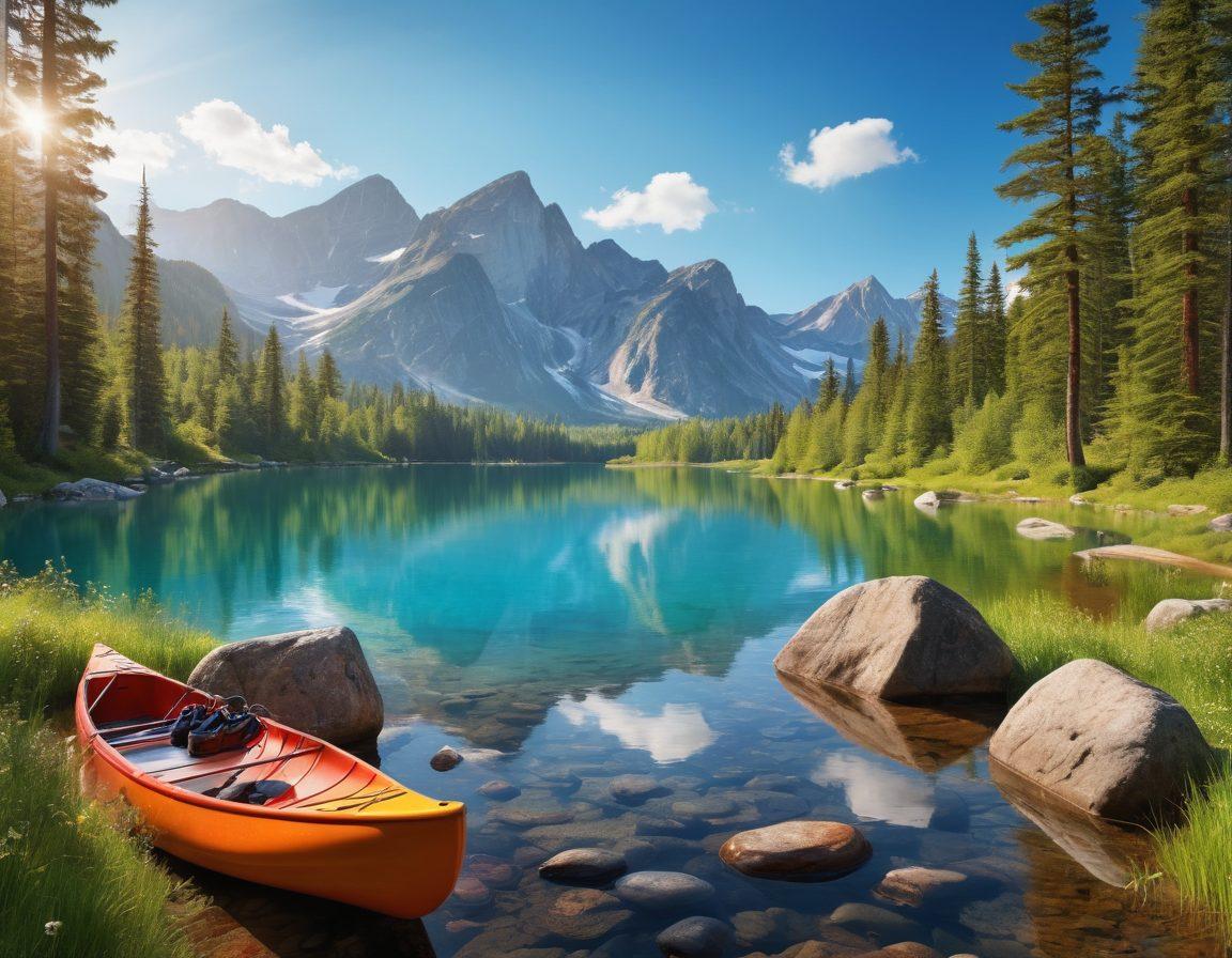 A dynamic scene showcasing individuals engaging in various outdoor fitness activities amidst a lush wilderness; include a person rock climbing, another jogging on a forest trail, and a group doing yoga on a sunny meadow. Vibrant colors highlight the beauty of nature, with mountains in the background and a bright blue sky. Add elements of adventure, like a mountain bike and a canoe beside a sparkling lake. super-realistic. vibrant colors. outdoor setting.